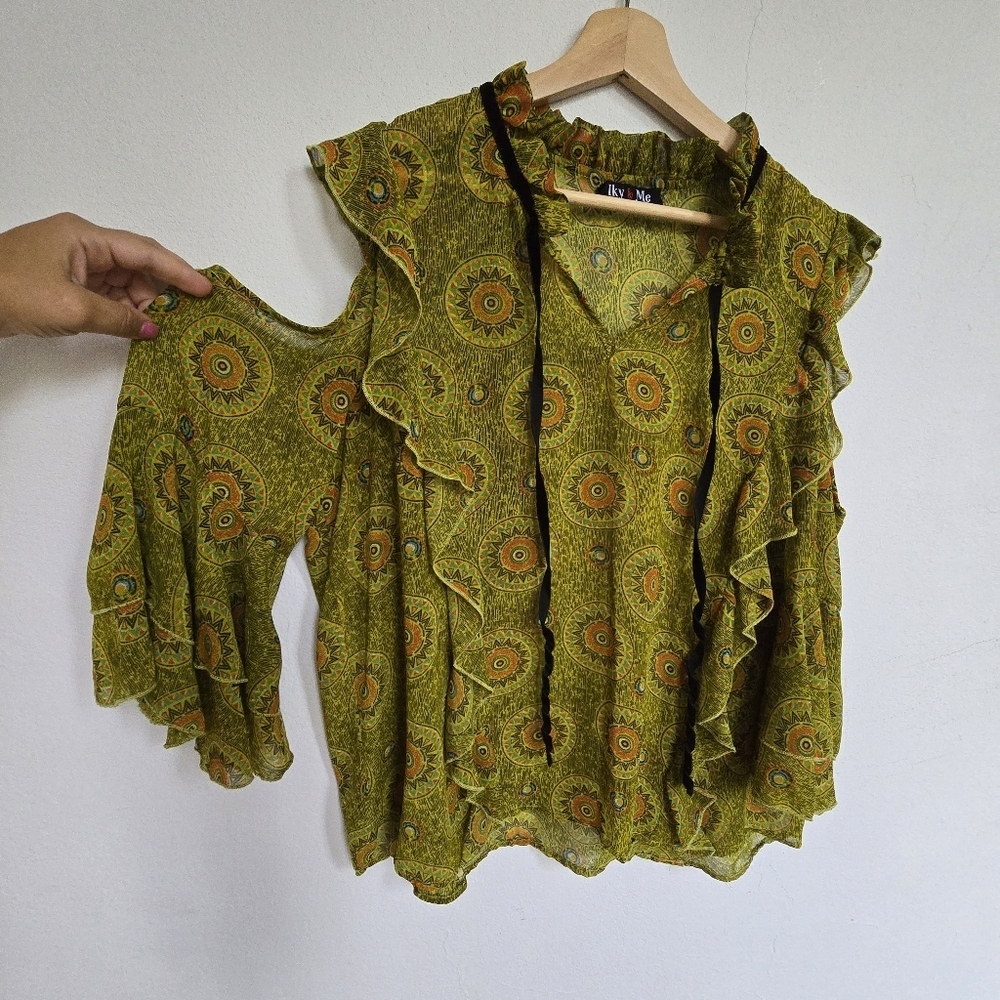 Olive Green Cold-Shoulder Ruffle Blouse - Picture 3 of 15